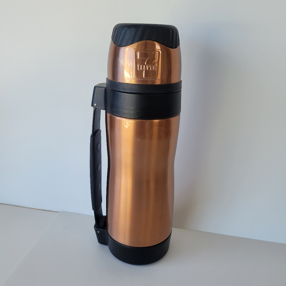 Used Thermos Metal Brass Color Black Handle  7 Eleven 1 Liter